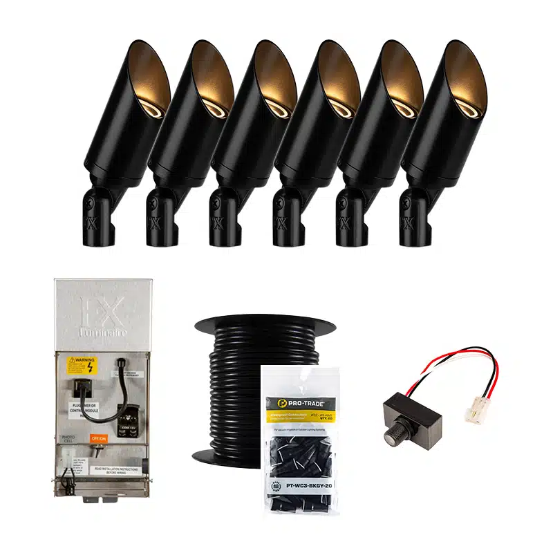 FX Luminaire Cora 6 Piece CA-51 Landscape Lighting Accent Up Light Kit, Black Finish, Photocell (FX-6-KIT-CA-PC-WIRE)