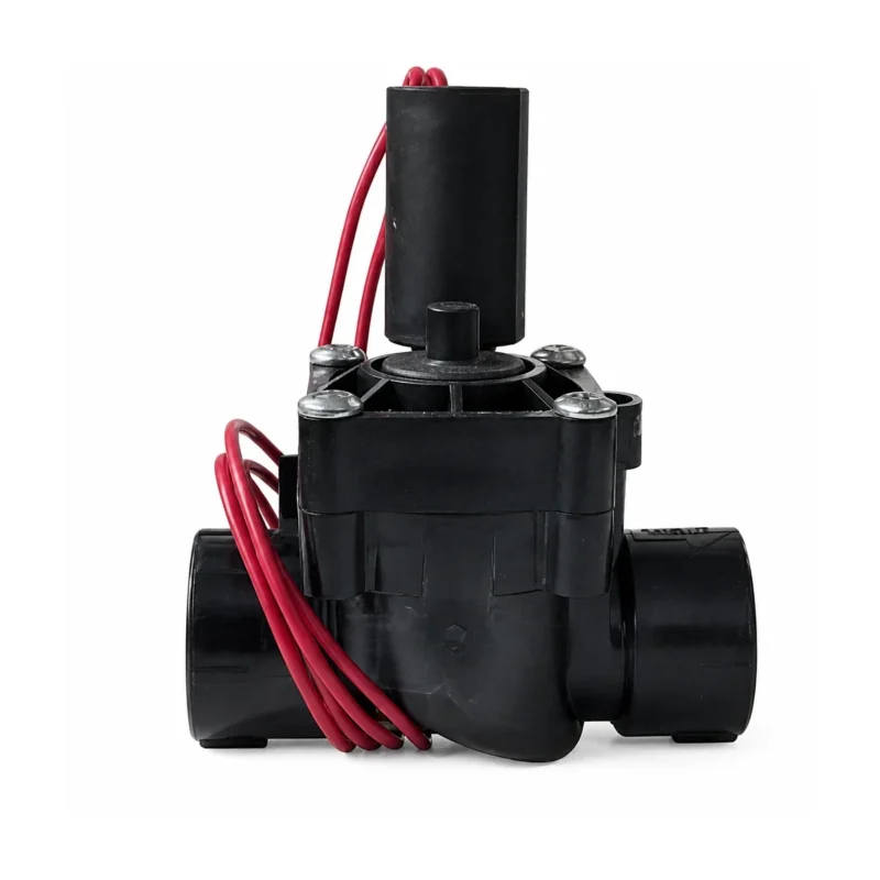 Hunter HPV-100-G-NI 1 inch globe valve side profile with 24 VAC solenoid and red leads