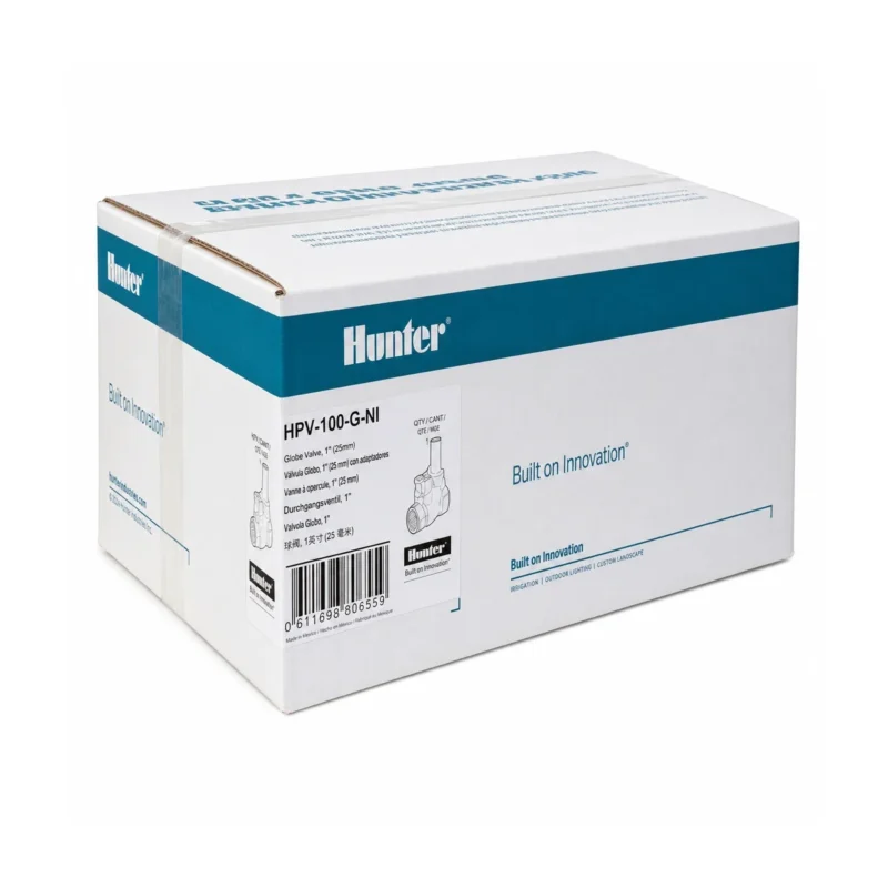 Sealed Hunter factory carton labeled HPV-100-G-NI 1 inch globe valve