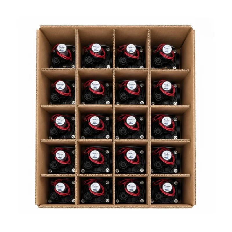 Open case of 20 Hunter HPV-100-G-NI globe valves in factory cardboard dividers