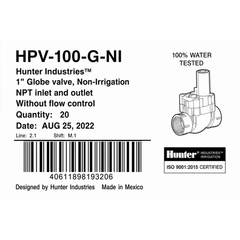 Hunter HPV-100-G-NI case label: 1 inch globe valve, NPT, no flow control, quantity 20
