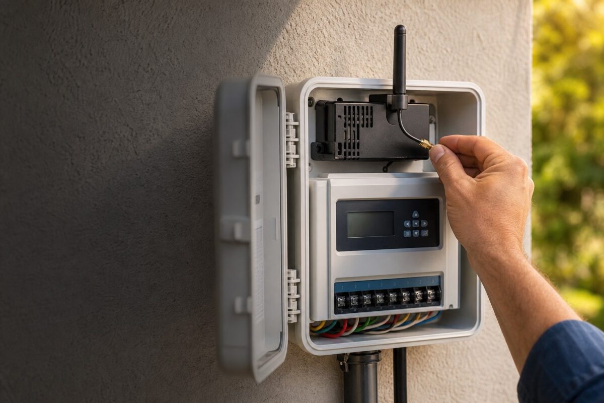 Cellular irrigation communication module with antenna