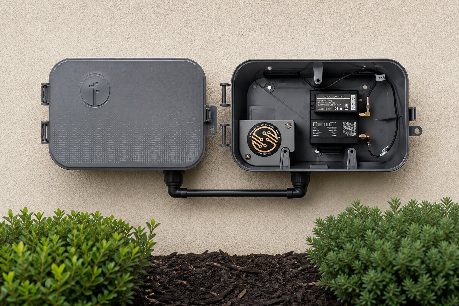 CELL-BOX cellular add-on mounted on a stucco wall next to a Rachio outdoor controller enclosure