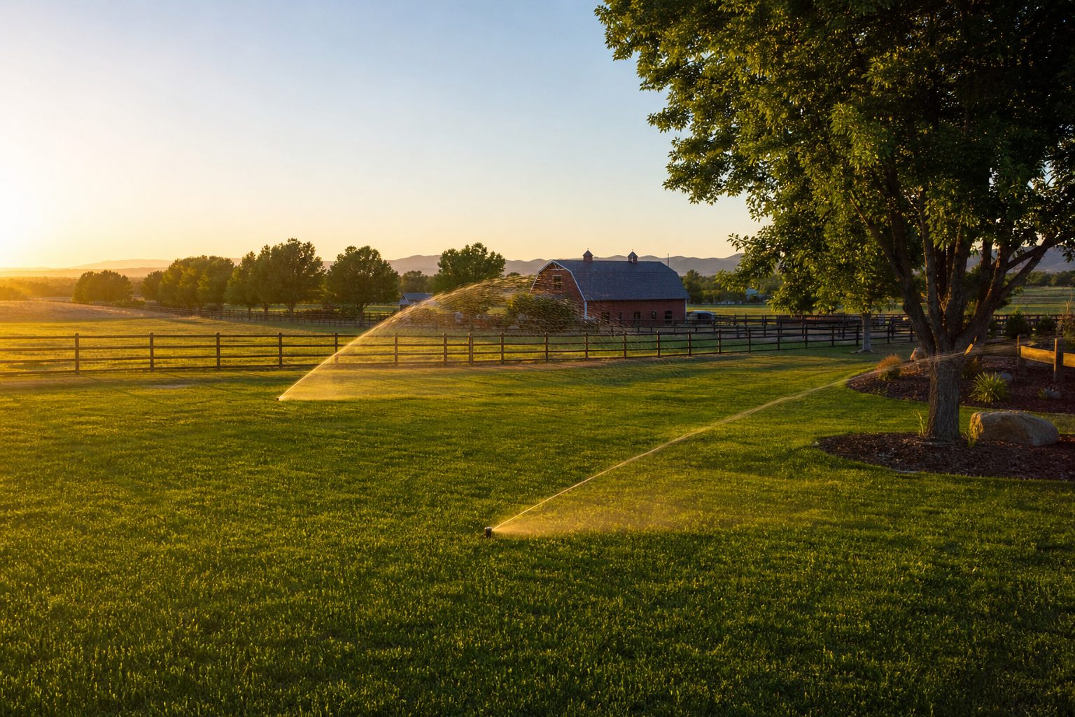 Rural farm lawn with sprinklers — CELL-BOX keeps the controller online without WiFi