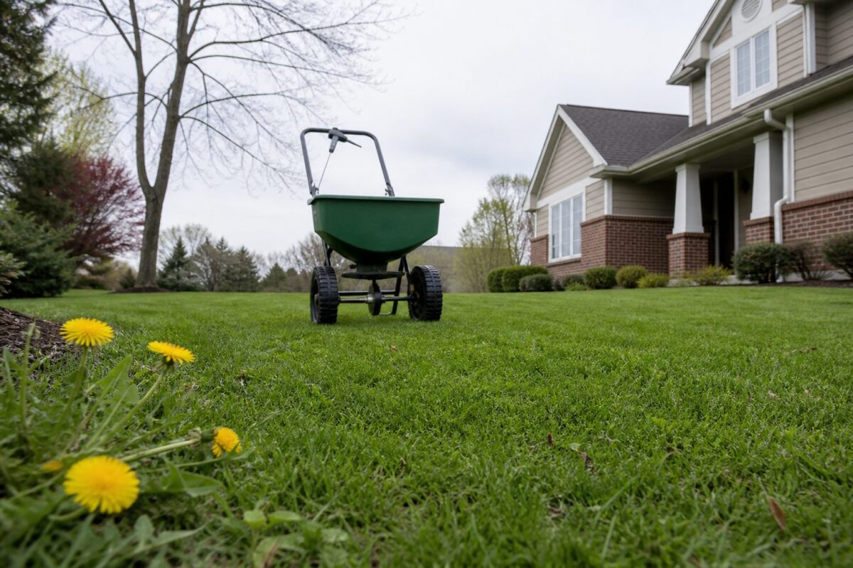 BEST weed-and-feed fertilizer applied to a residential lawn
