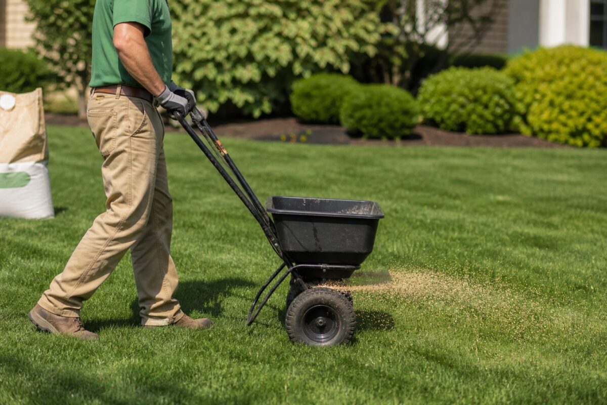 EMPRO granular turf fertilizer being spread on a lawn