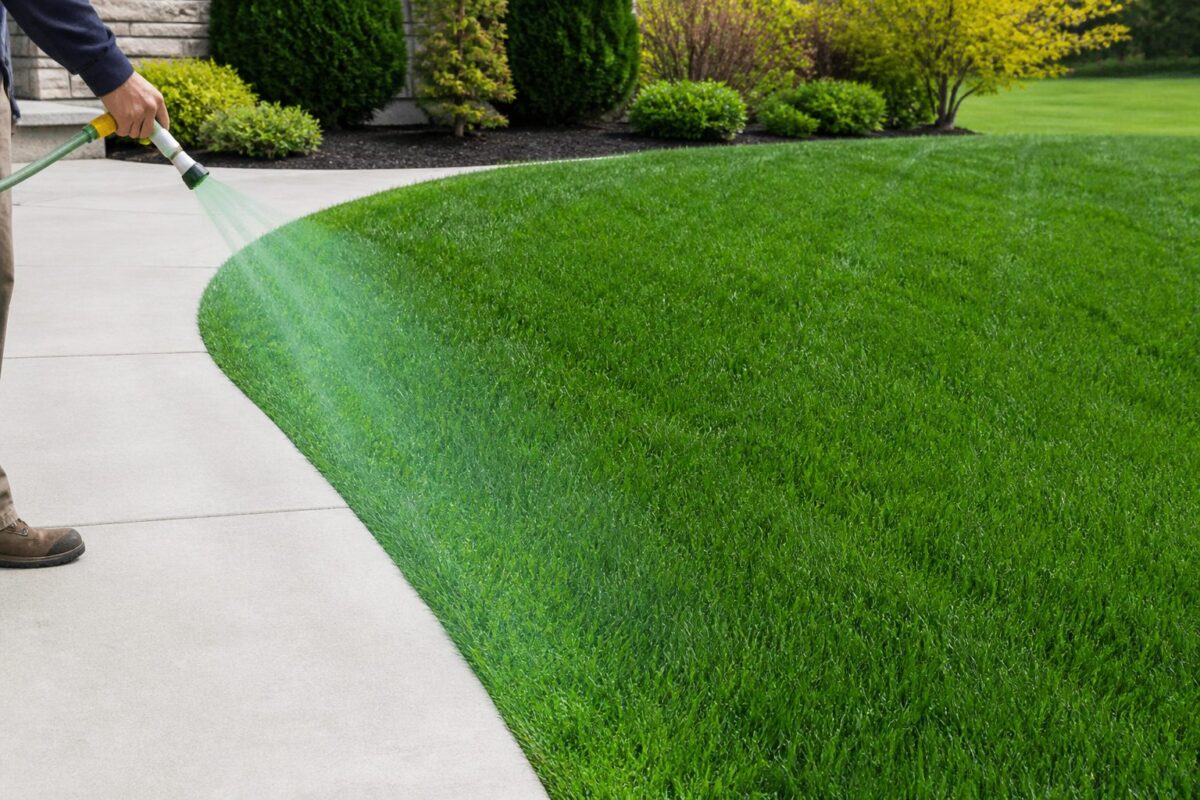 Ferti-Maxx iron supplement sprayed on turf beside a walkway
