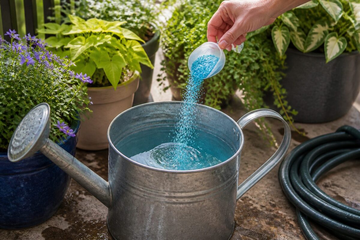 Grow More water-soluble fertilizer mixed in a watering can