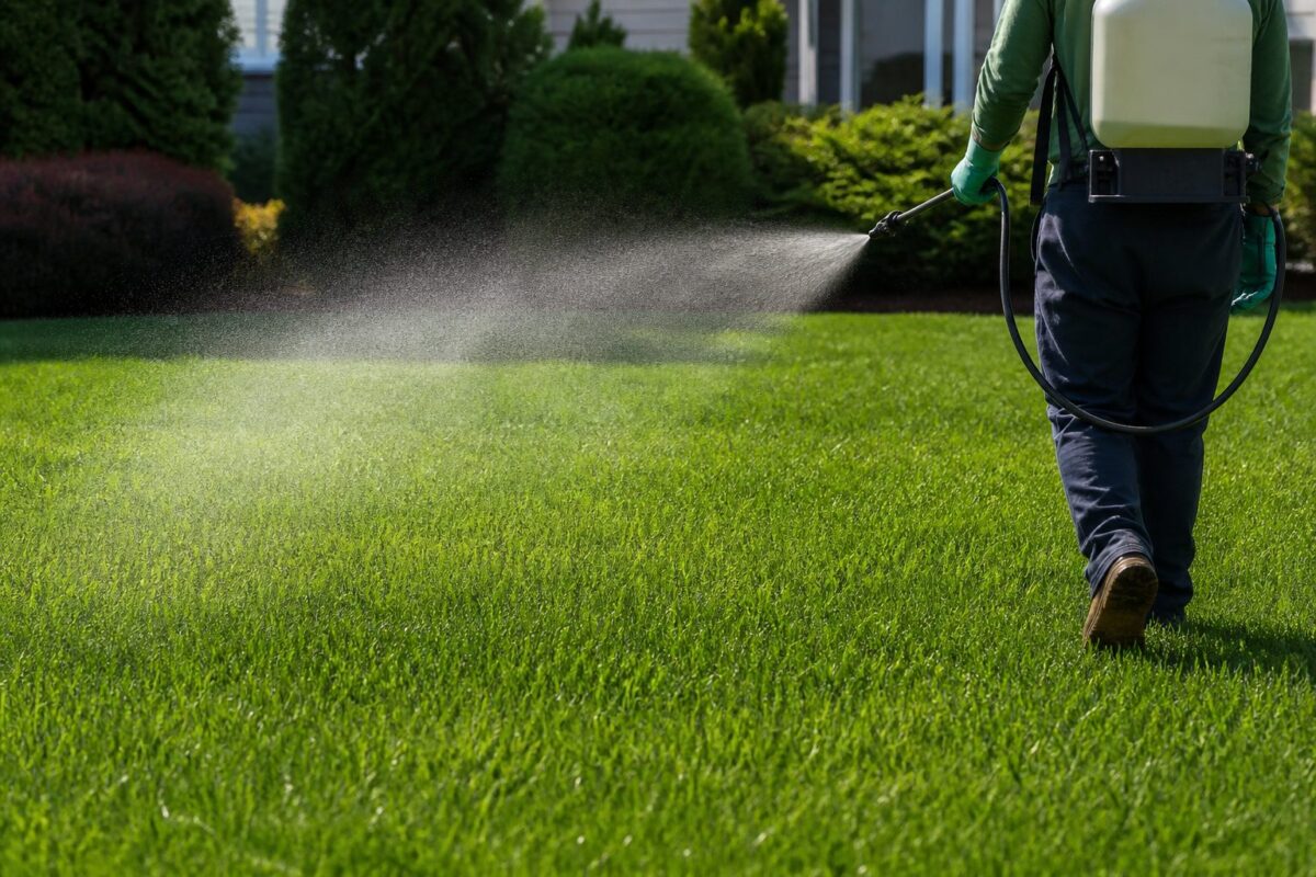 Live Earth liquid fertilizer sprayed on green turf
