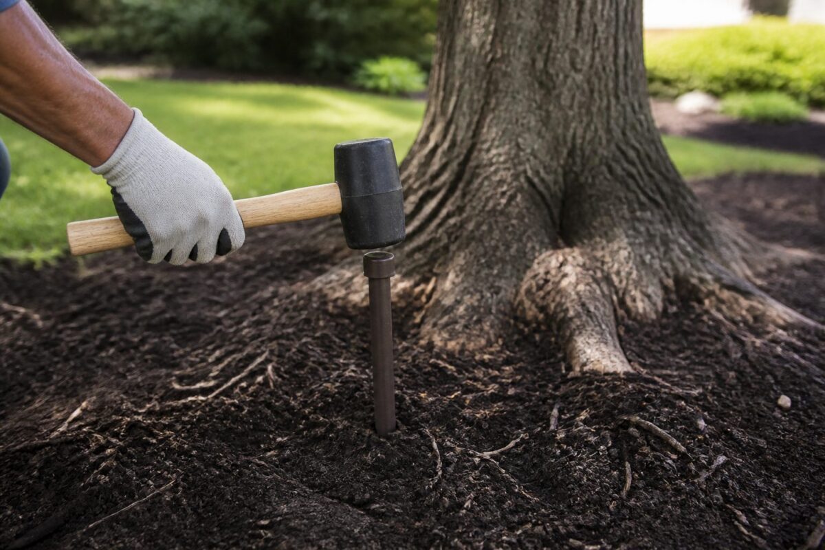 Lutz fertilizer spike driven at a landscape tree drip line