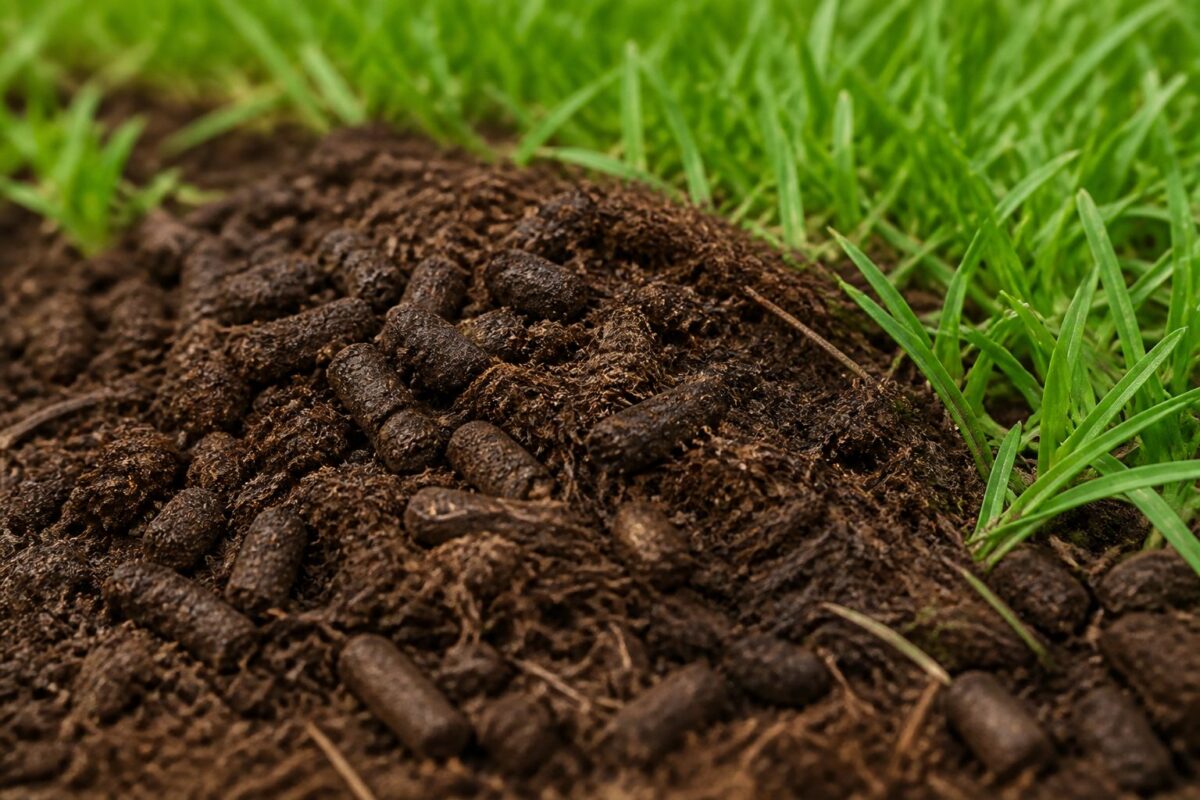 ProPeat peat-and-carbon fertilizer granules on turf soil