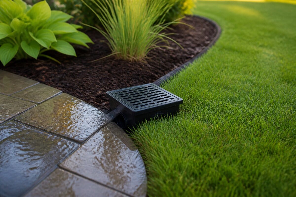 Catch basin drain box installed at the edge of a residential lawn