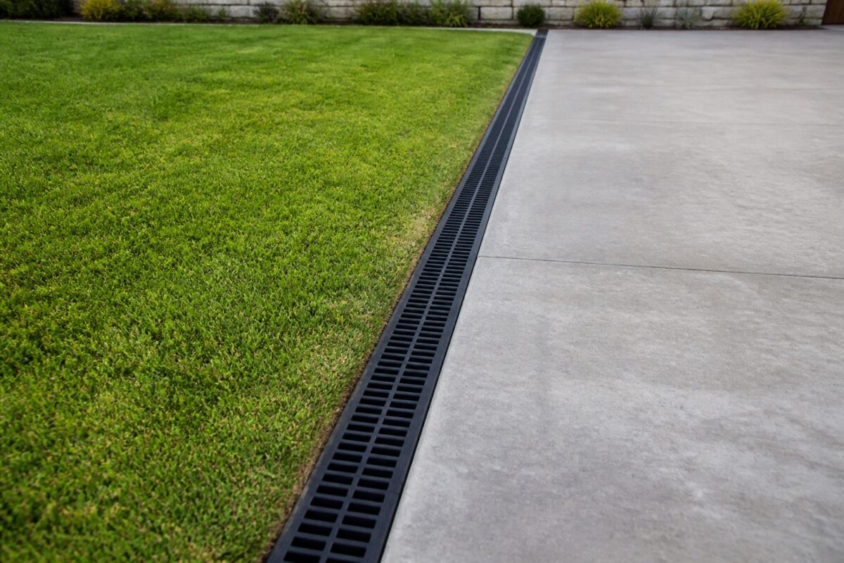 Linear channel drain along a driveway edge beside turf