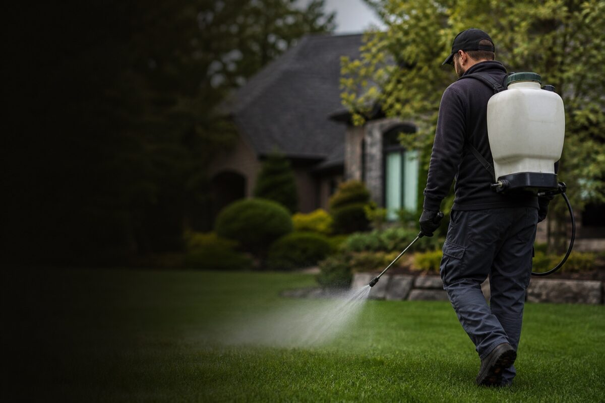 Turf fungicide sprayed as a mist over a green lawn