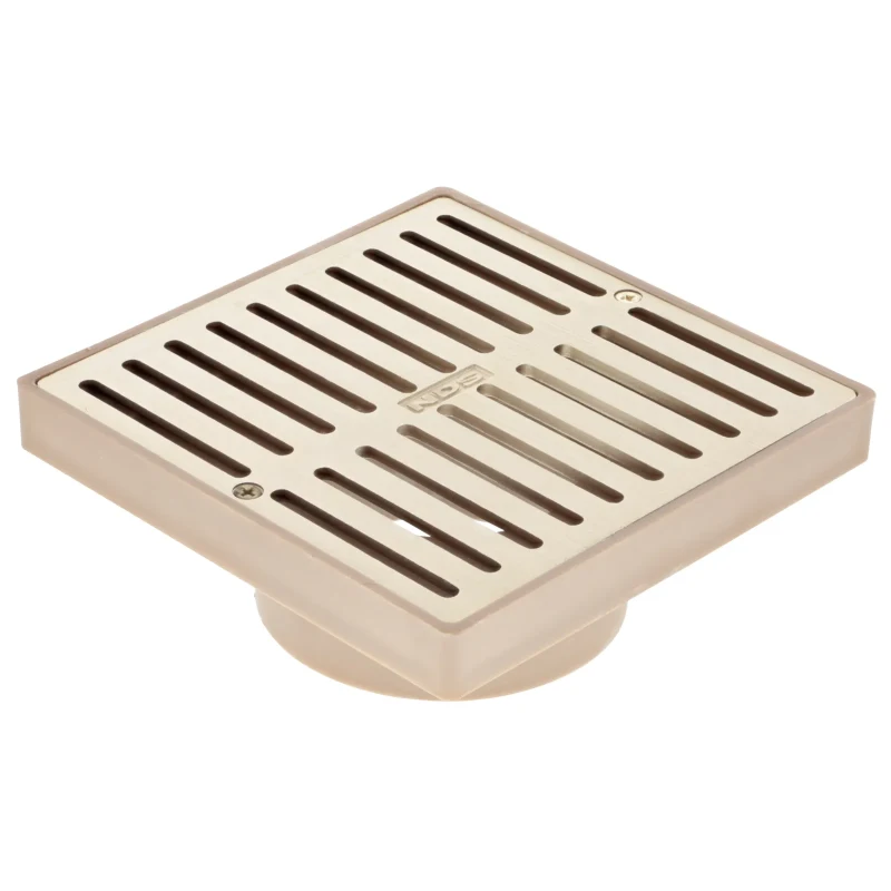 NDS 6 in. Square Grate with Low-Profile Adapter Drain, Connects to 3 in. and 4 in. Drain Pipes and Fittings, Satin Brass and Plastic (920B)