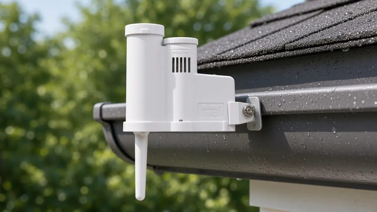 How to Winterize a Sprinkler System — Drain, Blow Out, Protect the Backflow 1 Hunter wireless rain sensor on a wet gutter