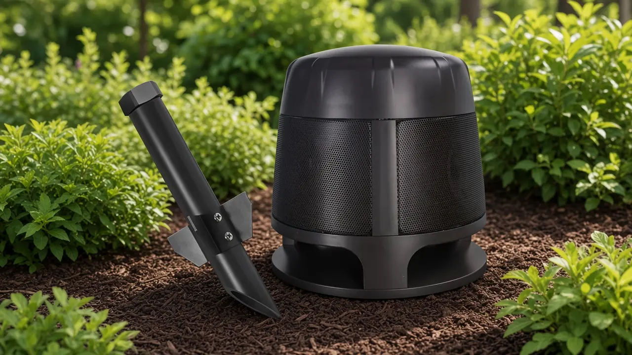 Landscape speaker and stake in a garden bed
