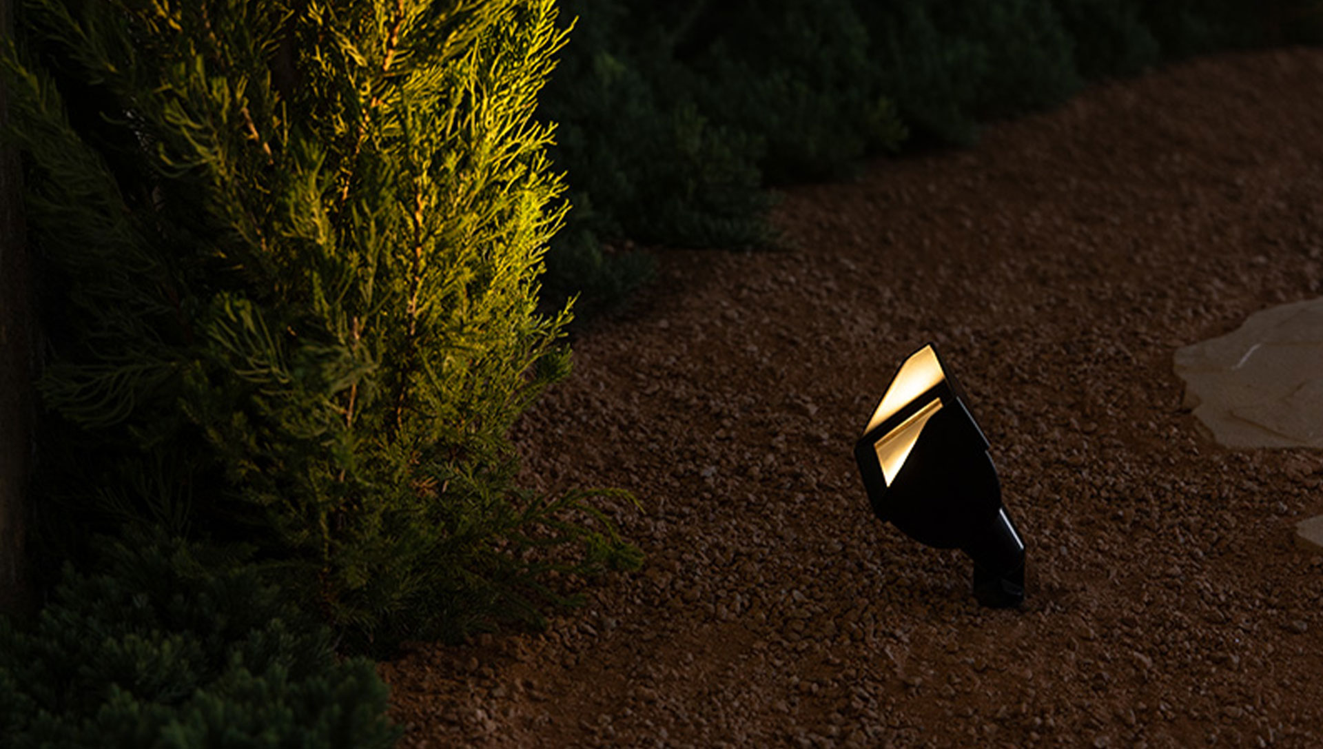 FX Luminaire Vantage VW-51 wall wash lighting a shrub beside a gravel path