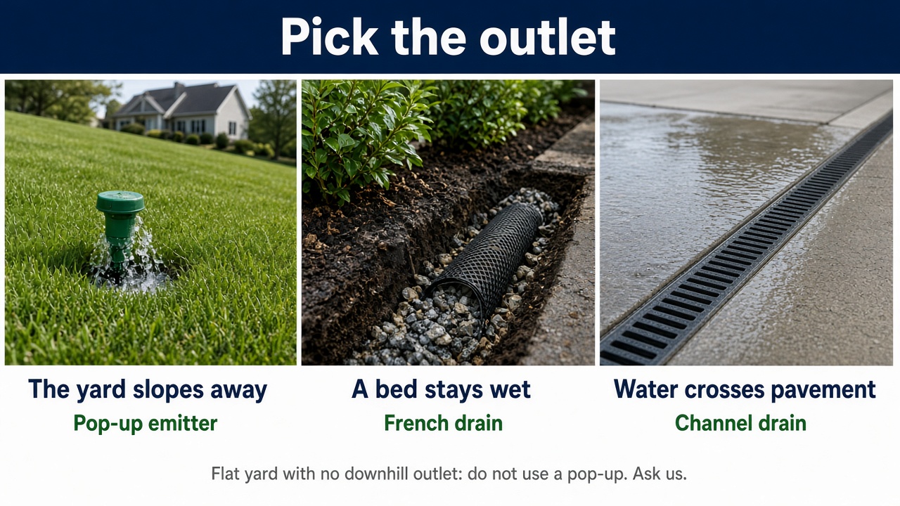 Three yard drainage outlets: pop-up emitter when the yard slopes away, French drain when a bed stays wet, channel drain when water crosses pavement. A flat yard with no downhill outlet should not use a pop-up.