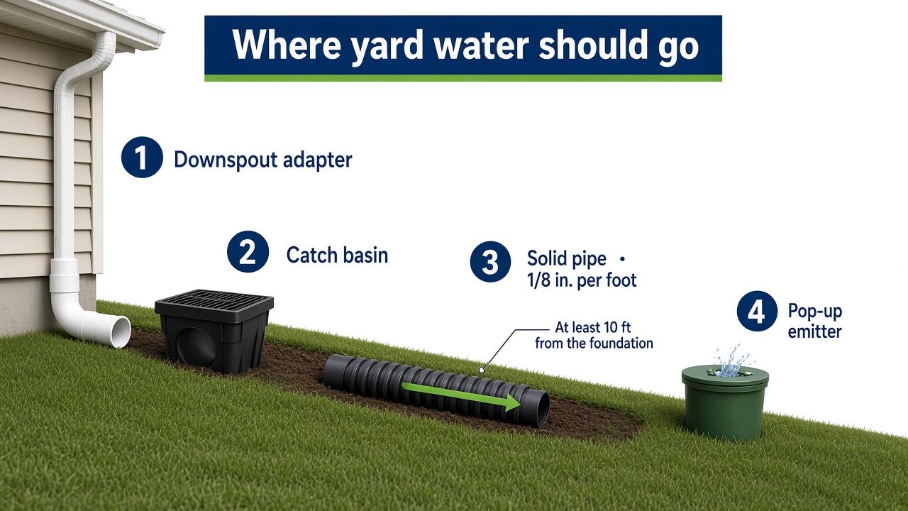Yard drainage diagram: downspout adapter, catch basin, solid pipe with 1/8 inch of fall per foot, and a pop-up emitter at least 10 feet from the foundation